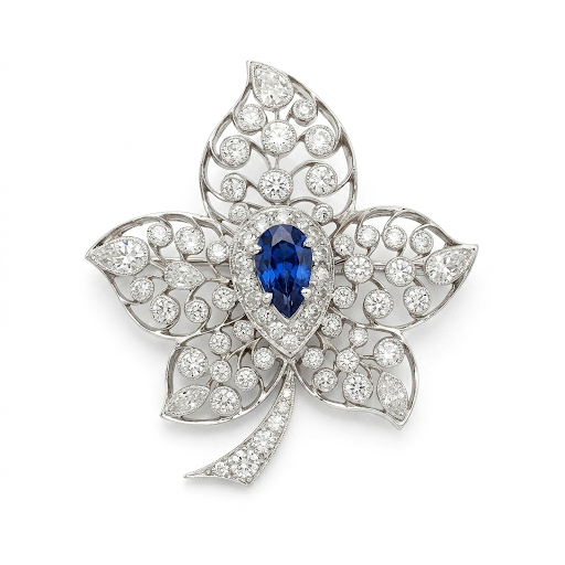 Platinum Blue Sapphire Diamond Floral Brooch